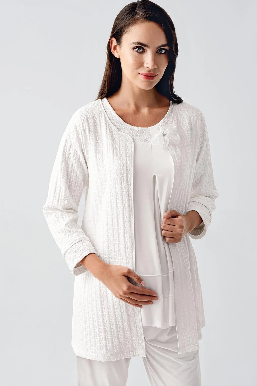 Jacquard 3-Piece Maternity Feeding-Friendly Pajama & Robe Set Ecru - S11300