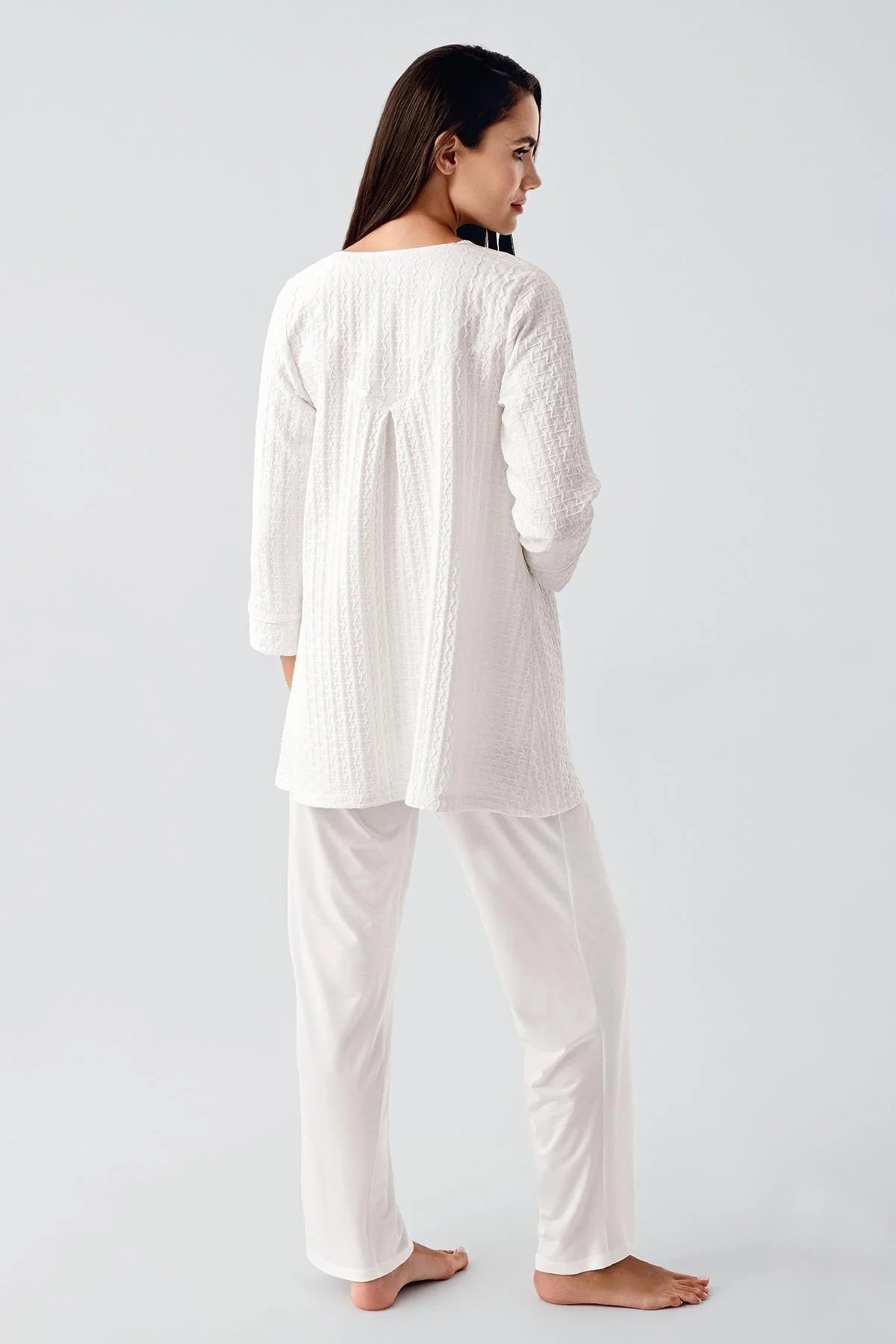 Jacquard 3-Piece Maternity Feeding-Friendly Pajama & Robe Set Ecru - S11300