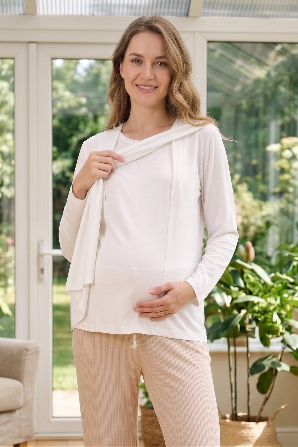 Ribbed Soft Maternity Feeding-Friendly Pajama Set Mink - Z1179