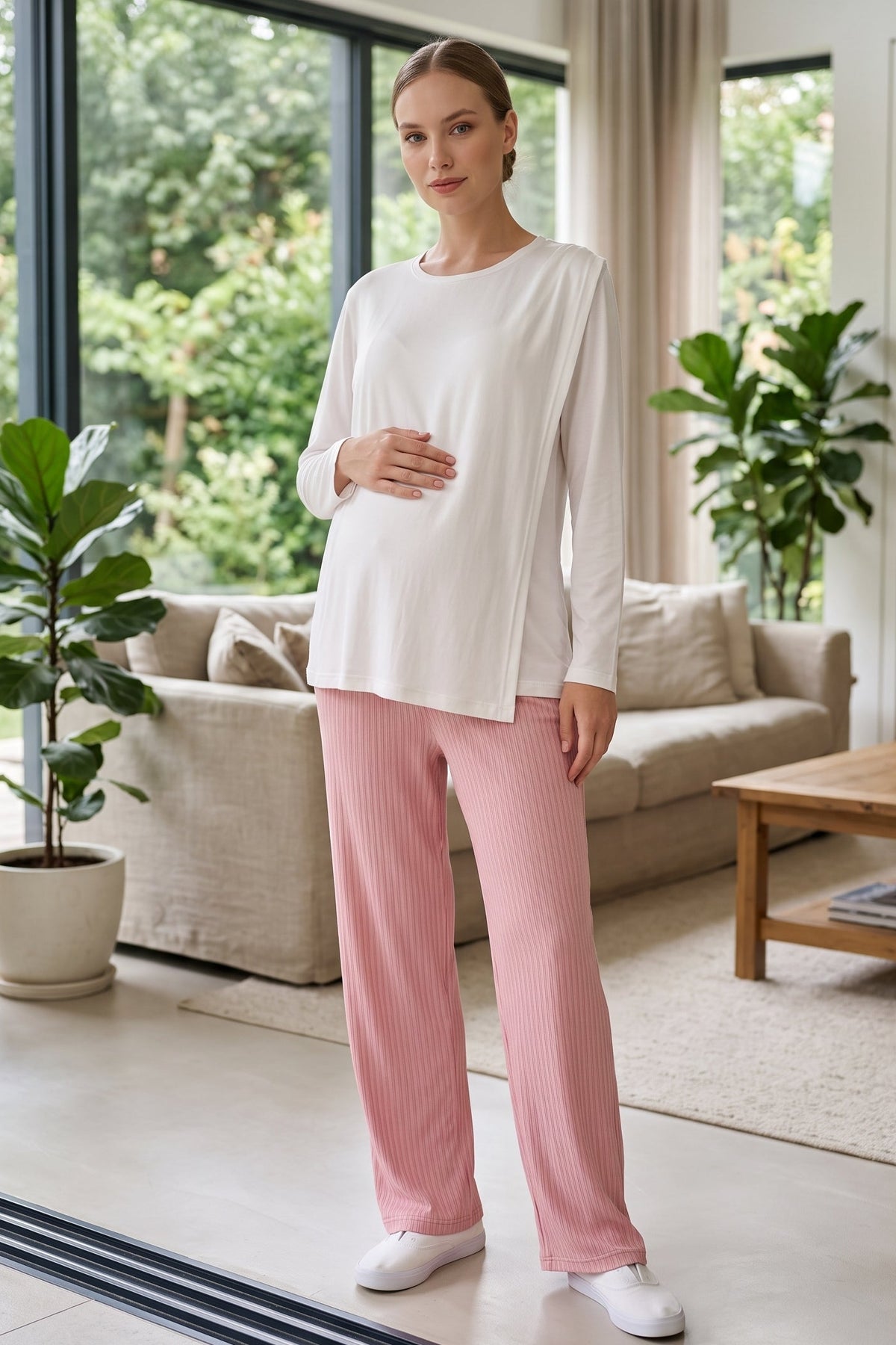 Ribbed Soft Maternity Feeding-Friendly Pajama Set Pomegranate Red - Z1179