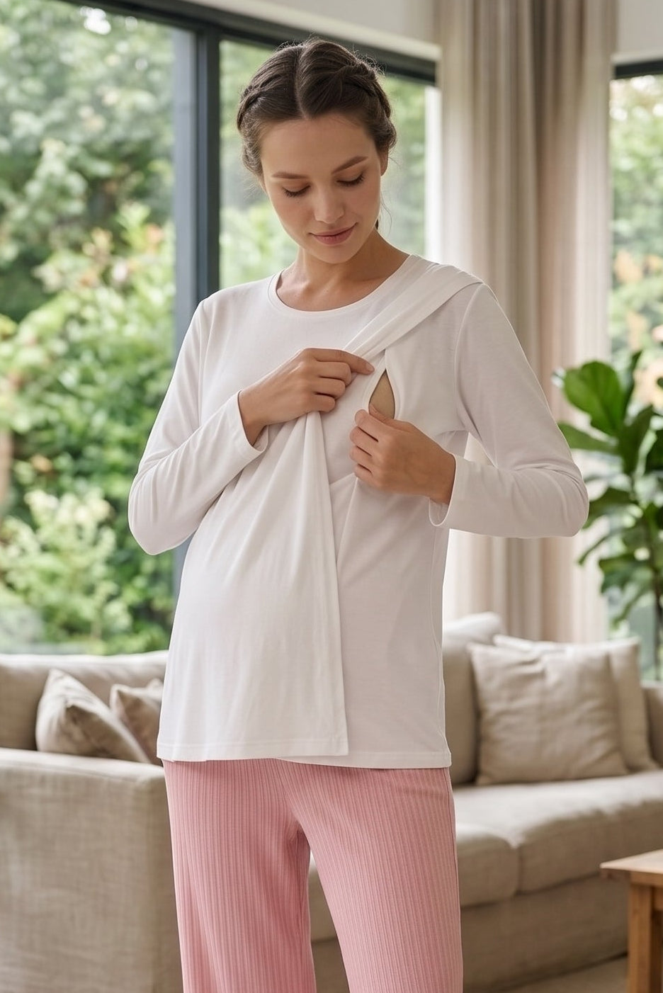 Ribbed Soft Maternity Feeding-Friendly Pajama Set Pomegranate Red - Z1179