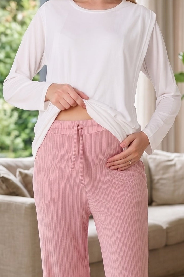 Ribbed Soft Maternity Feeding-Friendly Pajama Set Pomegranate Red - Z1179