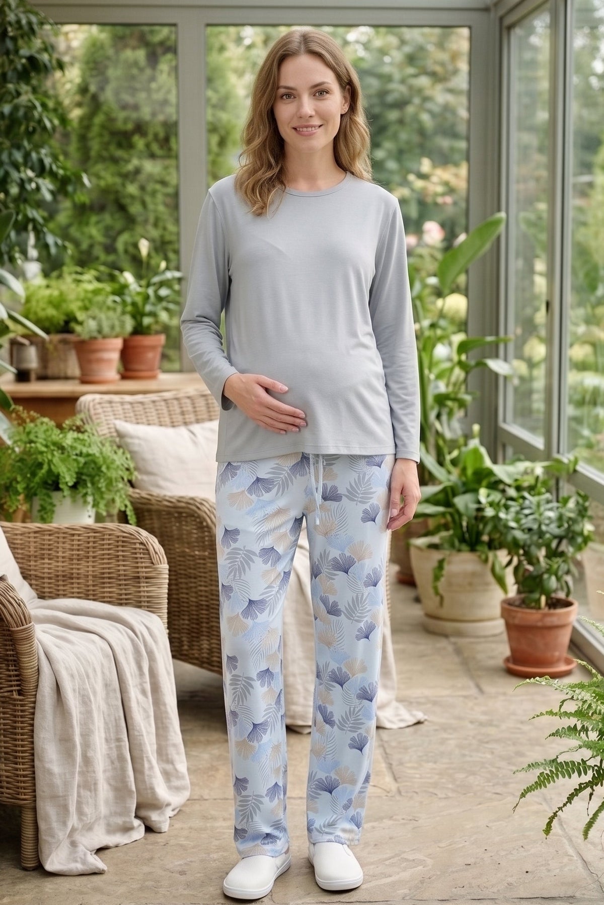Patterned Soft Maternity Feeding-Friendly Pajama Set Grey - Z1180