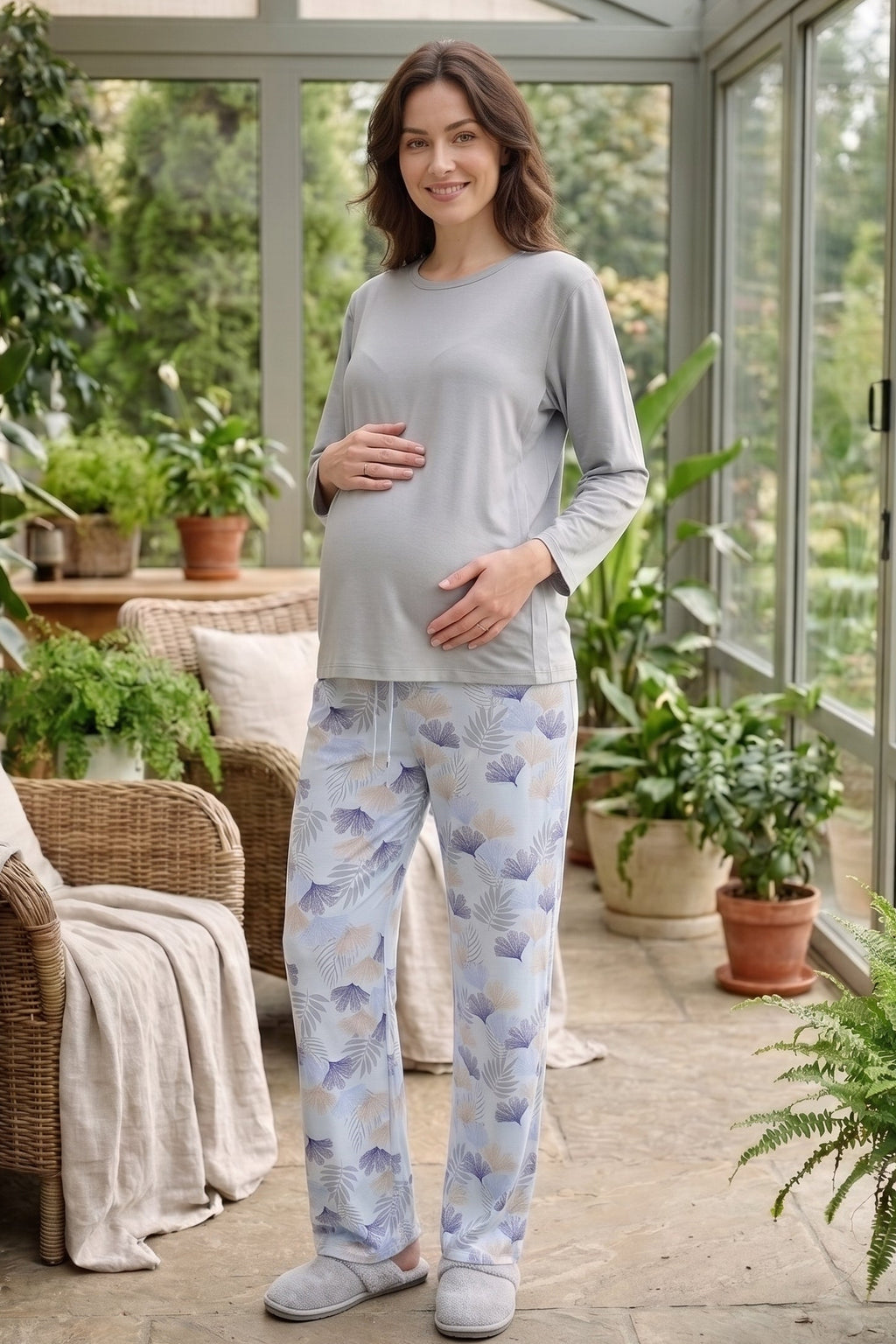 Patterned Soft Maternity Feeding-Friendly Pajama Set Grey - Z1180