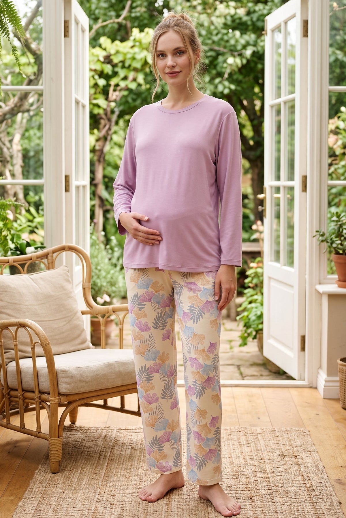 Patterned Soft Maternity Feeding-Friendly Pajama Set Lilac - Z1180