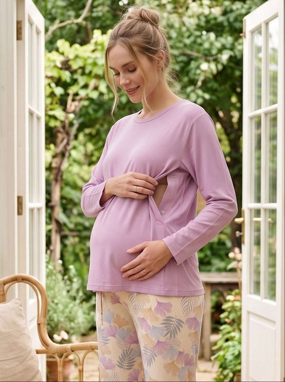 Patterned Soft Maternity Feeding-Friendly Pajama Set Lilac - Z1180