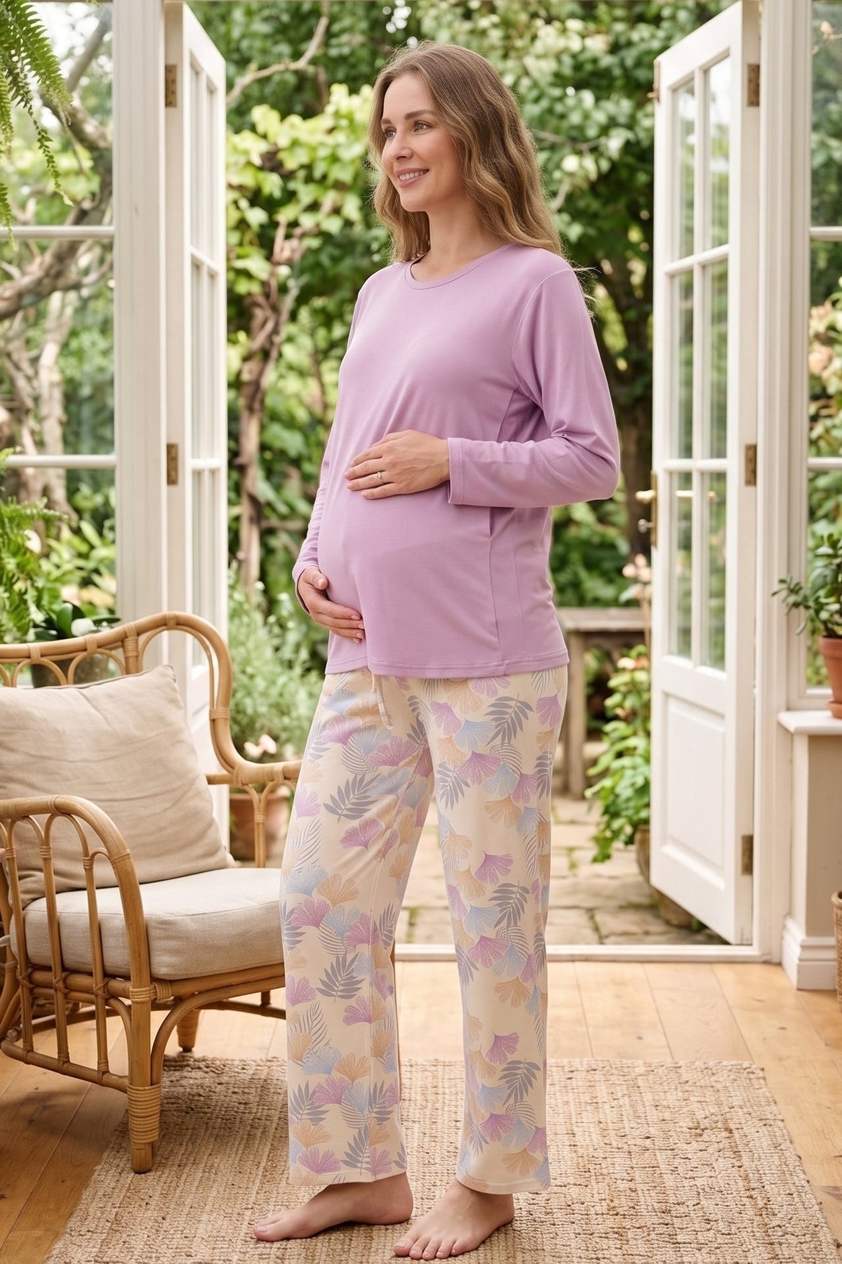 Patterned Soft Maternity Feeding-Friendly Pajama Set Lilac - Z1180