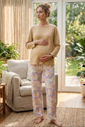 Patterned Soft Maternity Feeding-Friendly Pajama Set Mustard - Z1180