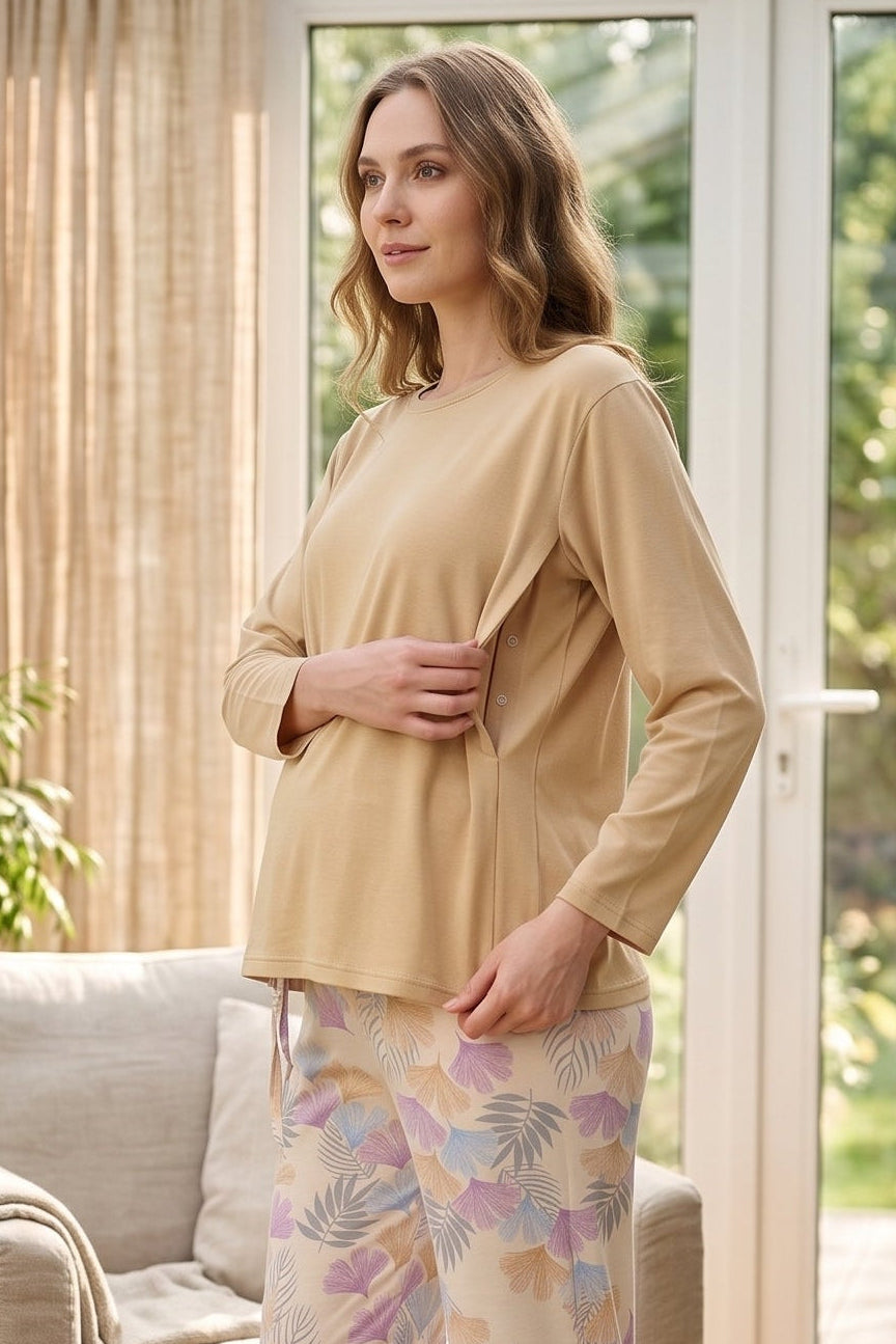 Patterned Soft Maternity Feeding-Friendly Pajama Set Mustard - Z1180