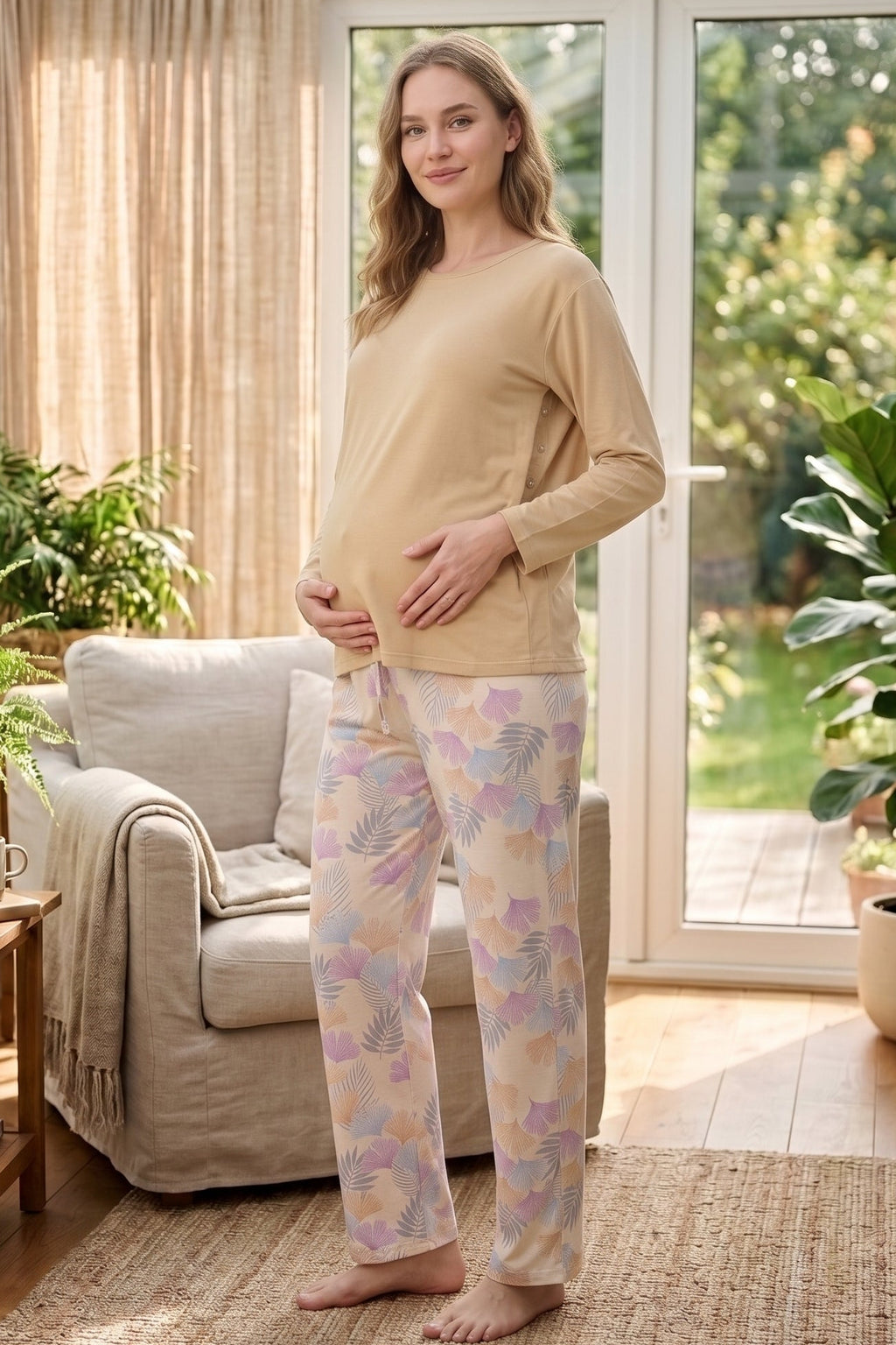 Patterned Soft Maternity Feeding-Friendly Pajama Set Mustard - Z1180