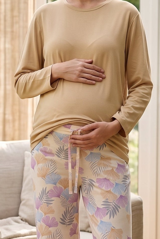 Patterned Soft Maternity Feeding-Friendly Pajama Set Mustard - Z1180