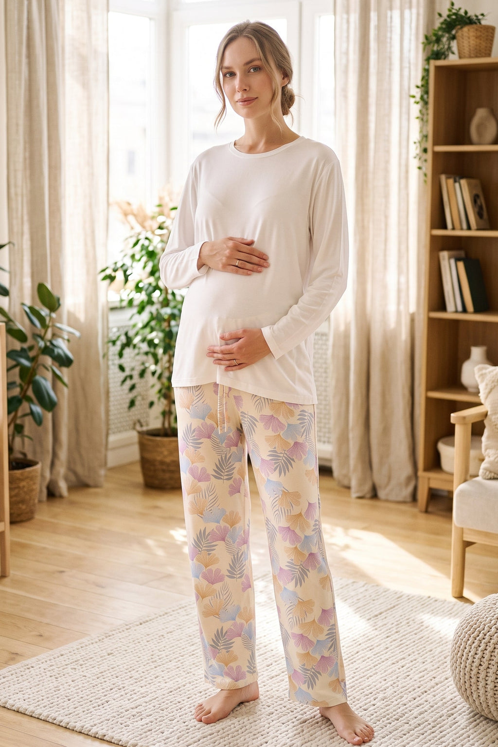 Soft Patterned Maternity Feeding-Friendly Pajama Set Mustard - Z1181