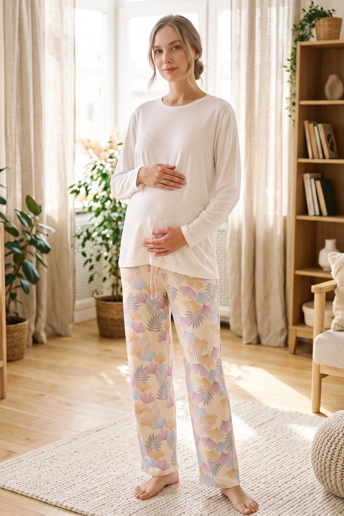 Soft Patterned Maternity Feeding-Friendly Pajama Set Mustard - Z1181