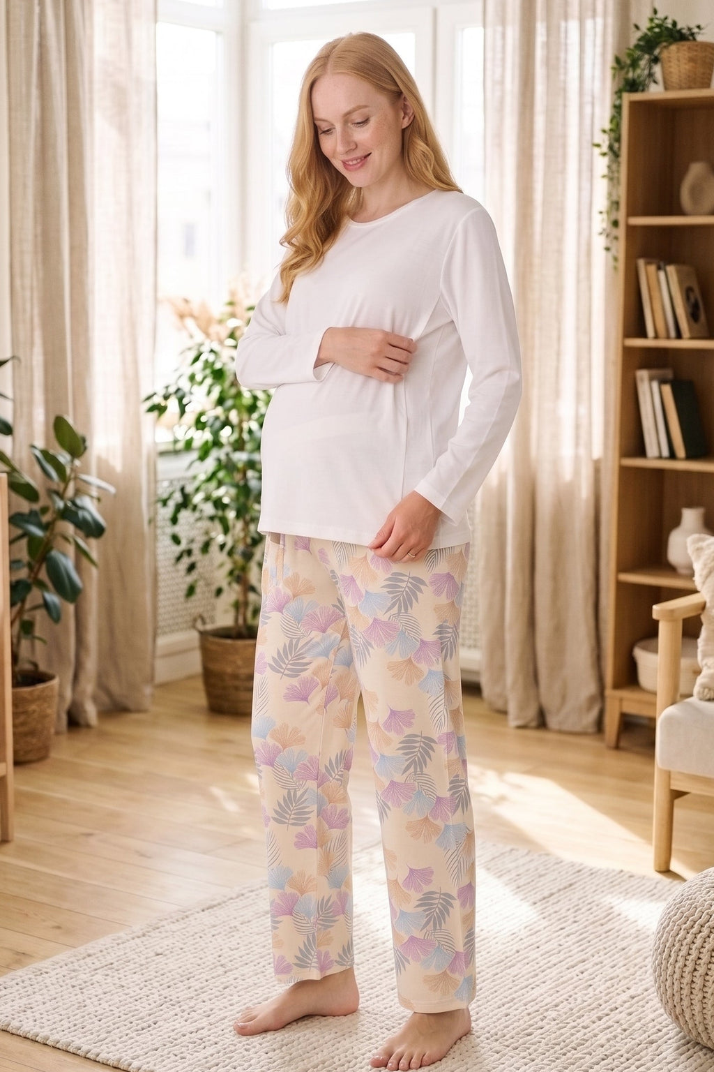 Soft Patterned Maternity Feeding-Friendly Pajama Set Mustard - Z1181