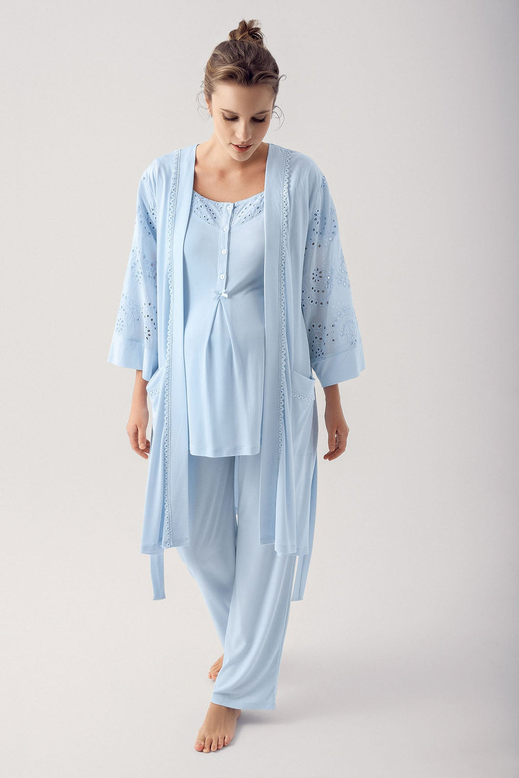 Motif Embroidered 3-Piece Maternity Feeding-Friendly Pajama & Robe Set Blue - S12305