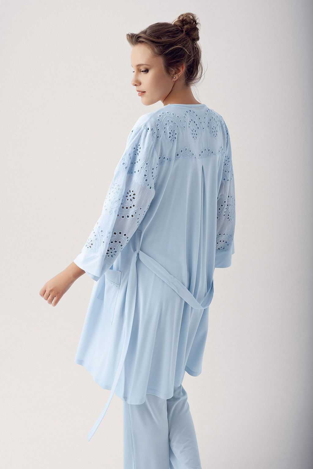 Motif Embroidered 3-Piece Maternity Feeding-Friendly Pajama & Robe Set Blue - S12305