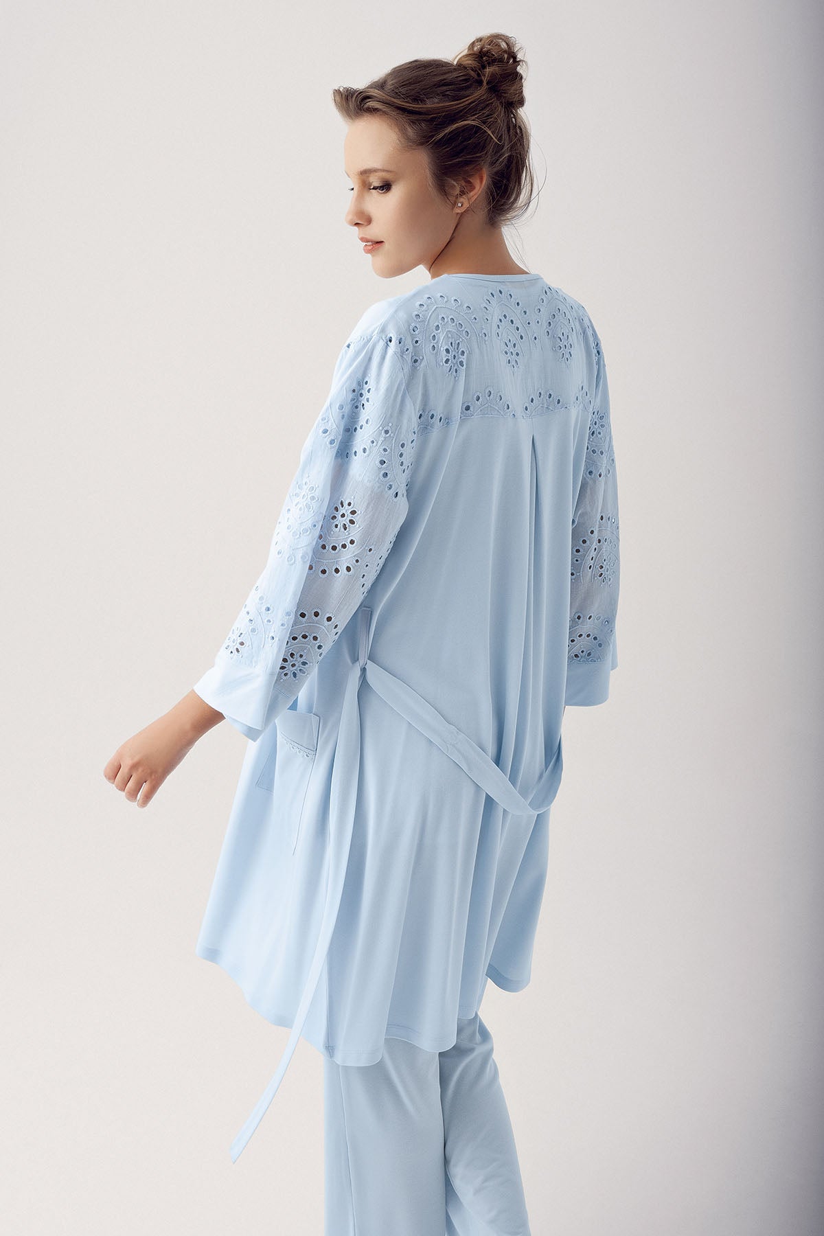 Motif Embroidered 3-Piece Maternity Feeding-Friendly Pajama & Robe Set Blue - S12305