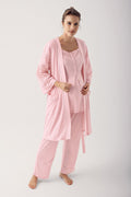 Motif Embroidered 3-Piece Maternity Feeding-Friendly Pajama & Robe Set Powder - S12305