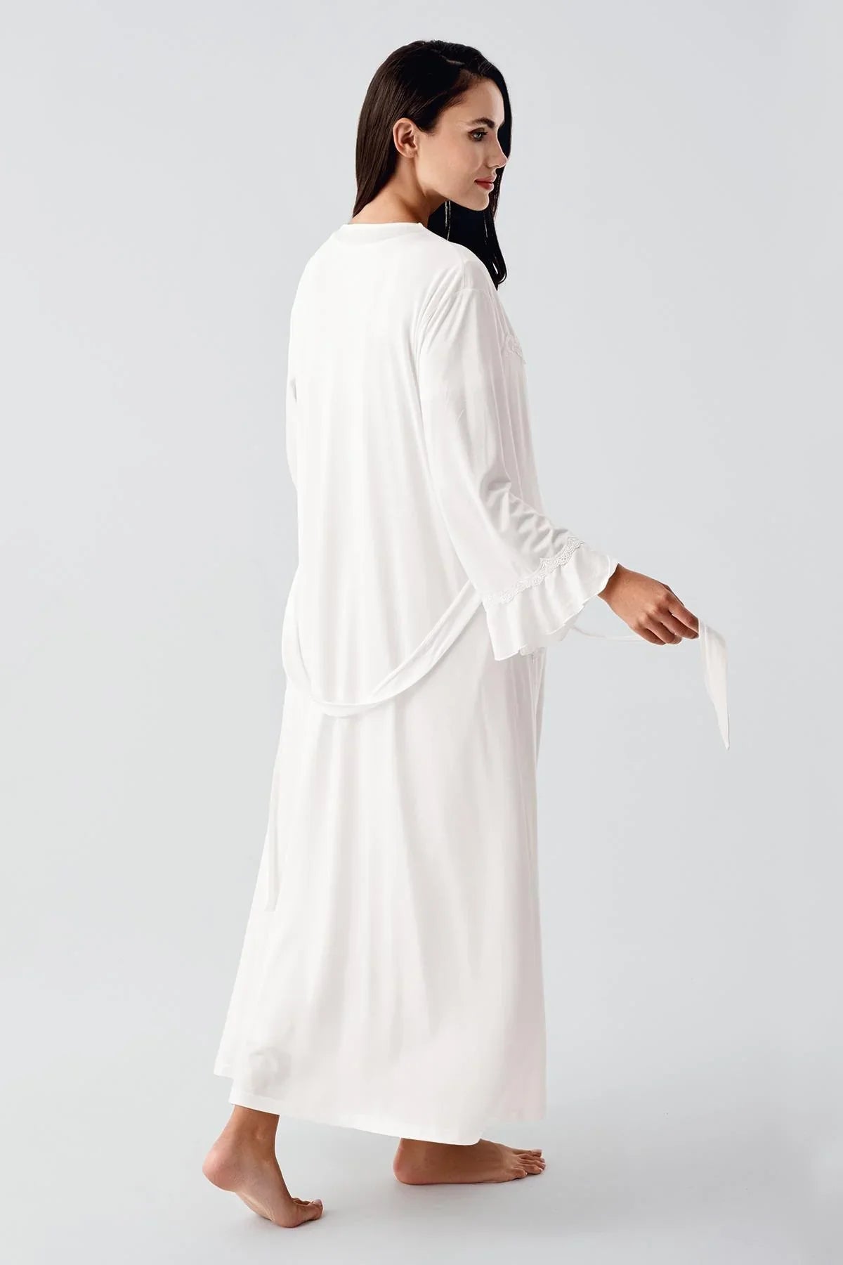 Lace Collar Maternity Feeding-Friendly Nightgown & Flywheel Arm Robe Set Ecru - S12401