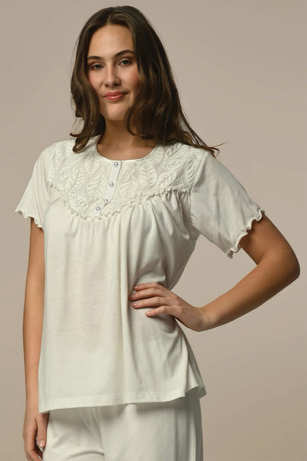 Leaf Lace 3-Piece Maternity Feeding-Friendly Pajama & Jacquard Robe Set - N23332