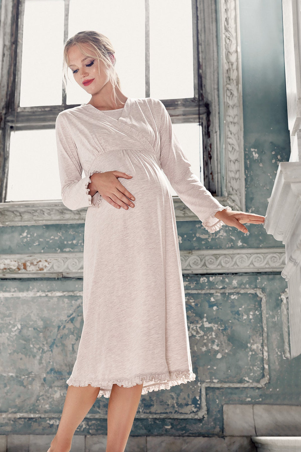 Double Breasted Maternity Feeding-Friendly Nightgown Beige - S13112