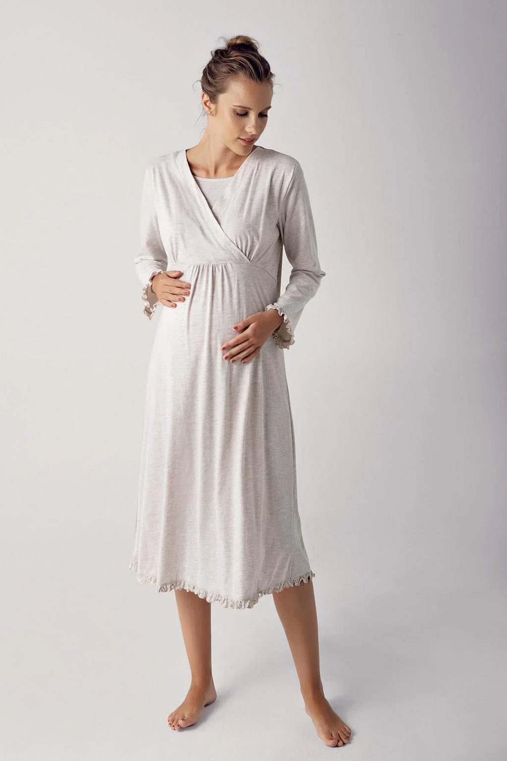 Double Breasted Maternity Feeding-Friendly Nightgown Beige - S13112