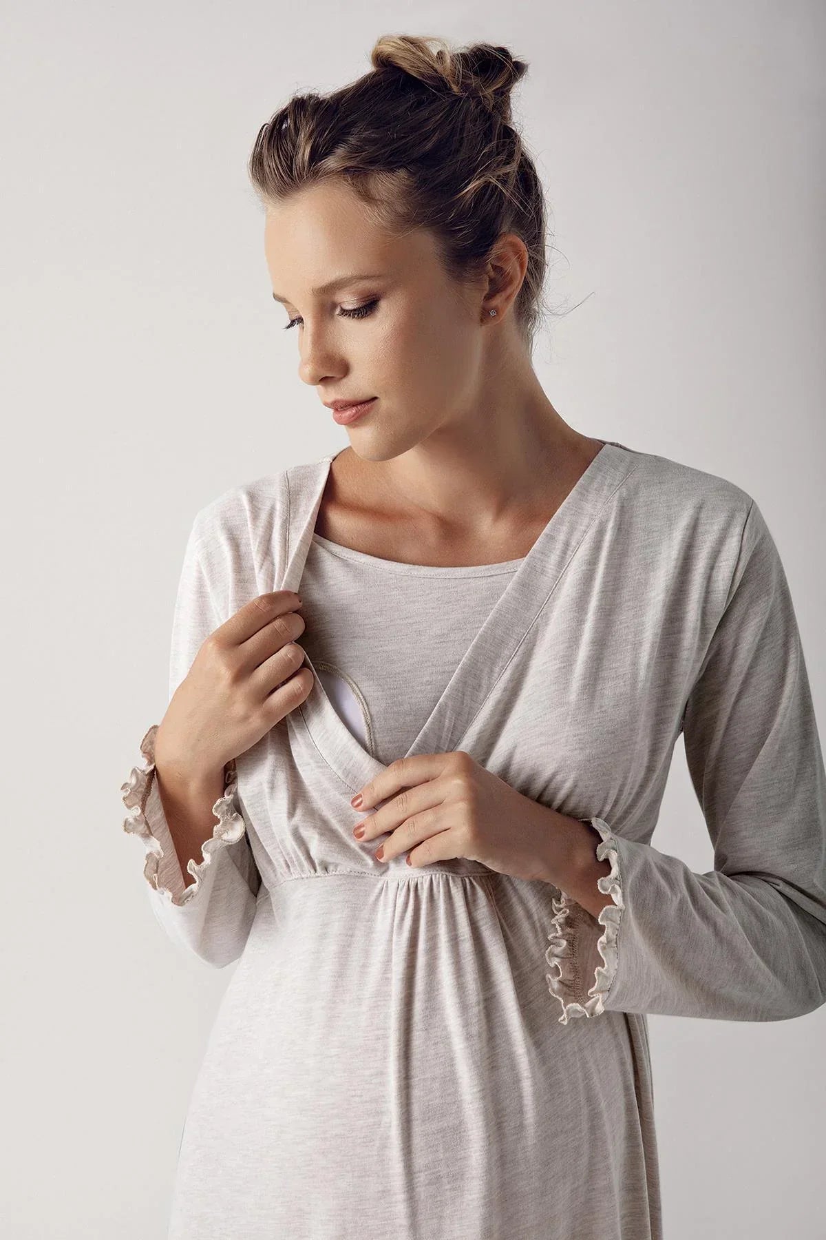 Double Breasted 4-Piece Maternity Feeding-Friendly Set Beige - S300112