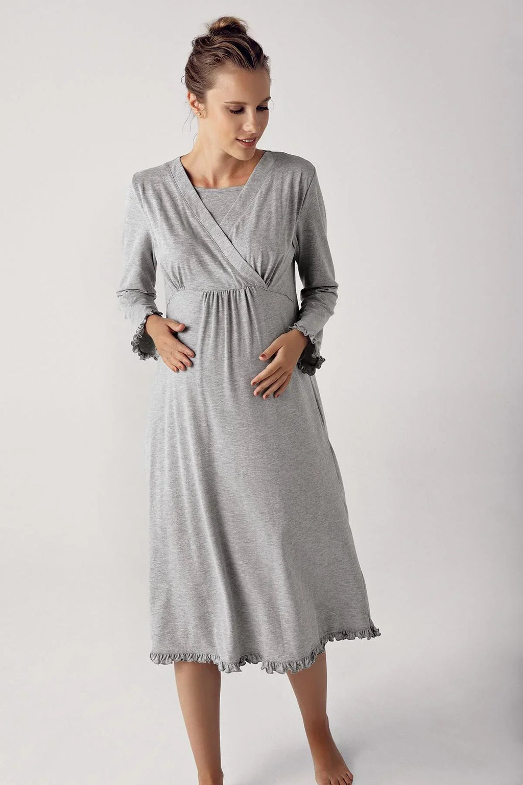 Double Breasted Maternity Feeding-Friendly Nightgown Grey - S13112