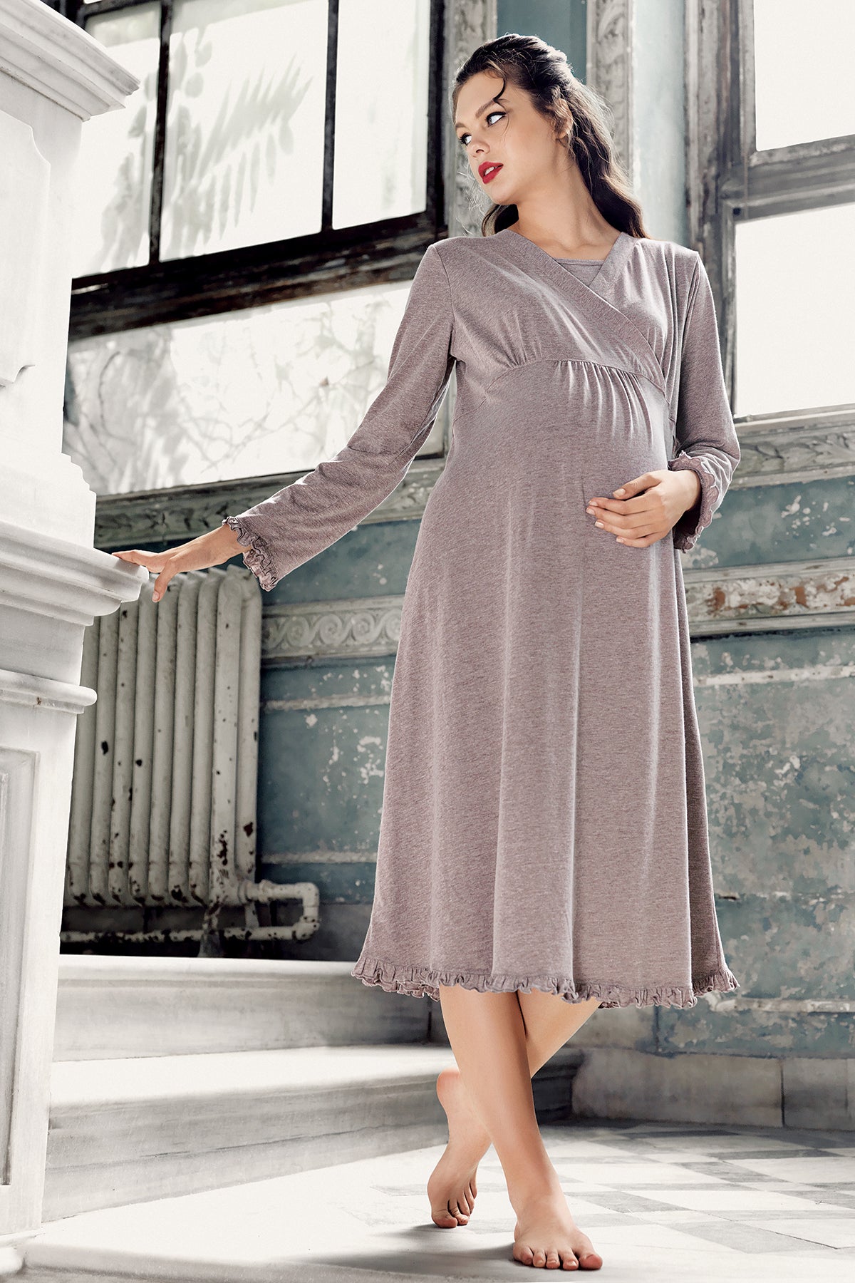 Double Breasted Maternity Feeding-Friendly Nightgown Coffee - S13112