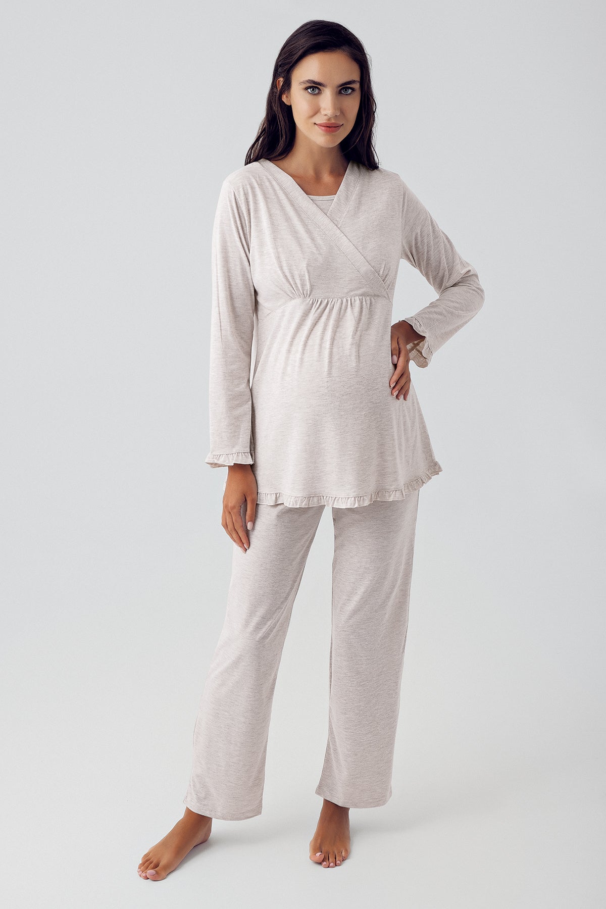 Double Breasted Maternity Feeding-Friendly Pajama Set Beige - S13201