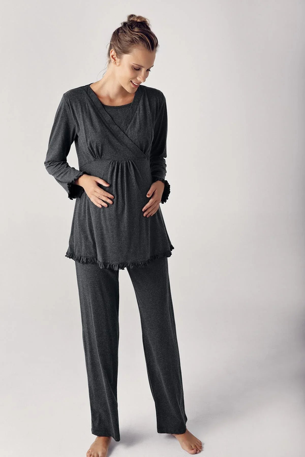 Double Breasted Maternity Feeding-Friendly Pajama Set Anthracite - S13201