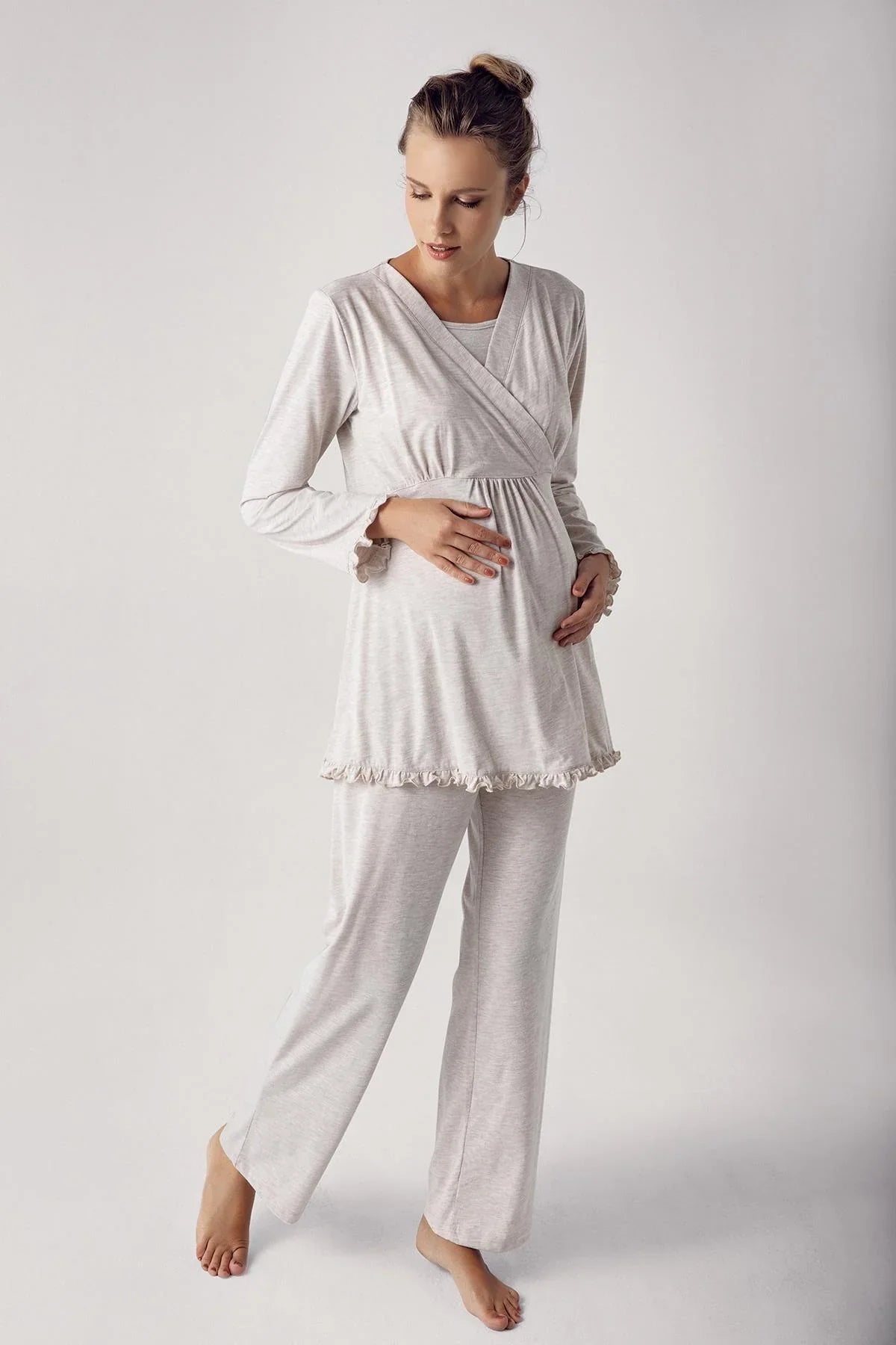 Double Breasted Maternity Feeding-Friendly Pajama Set Beige - S13201
