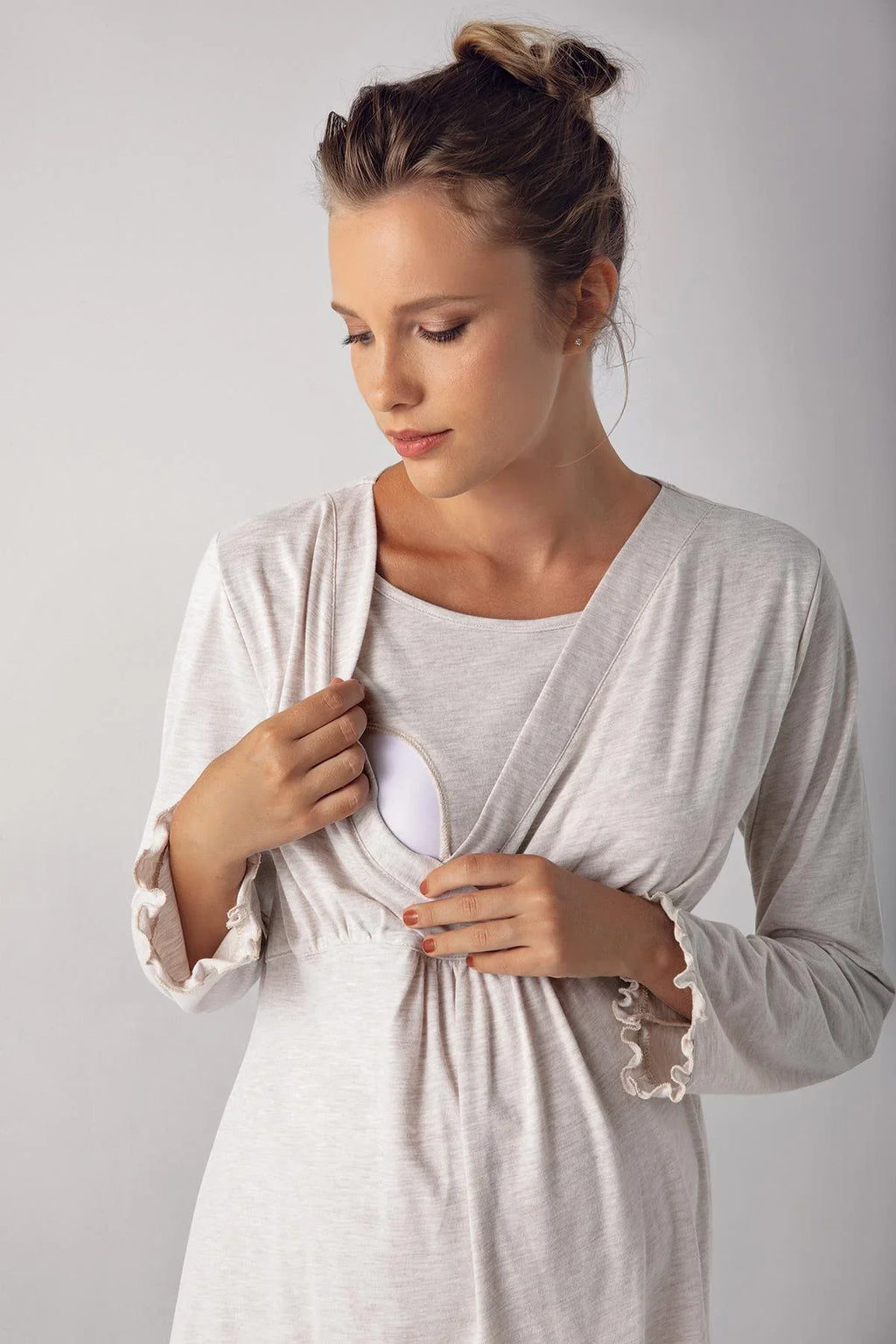 Double Breasted Maternity Feeding-Friendly Pajama Set Beige - S13201
