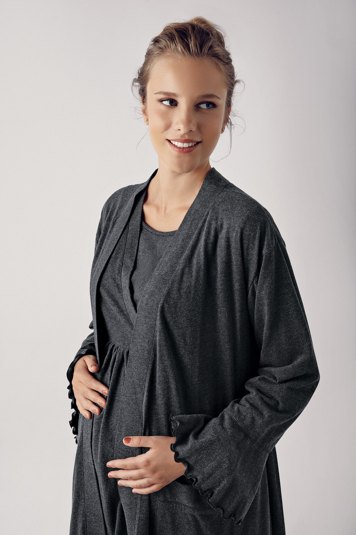 Double Breasted 3-Piece Maternity Feeding-Friendly Pajama & Robe Set Anthracite - S13300