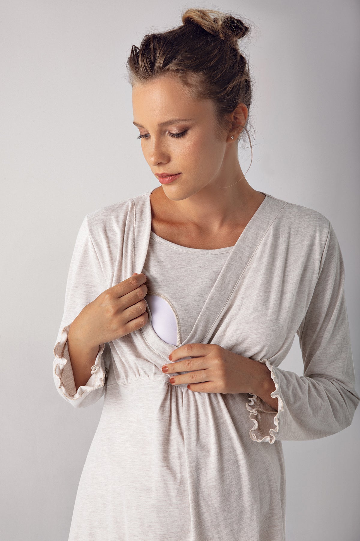 Double Breasted 3-Piece Maternity Feeding-Friendly Pajama & Robe Set Beige - S13300