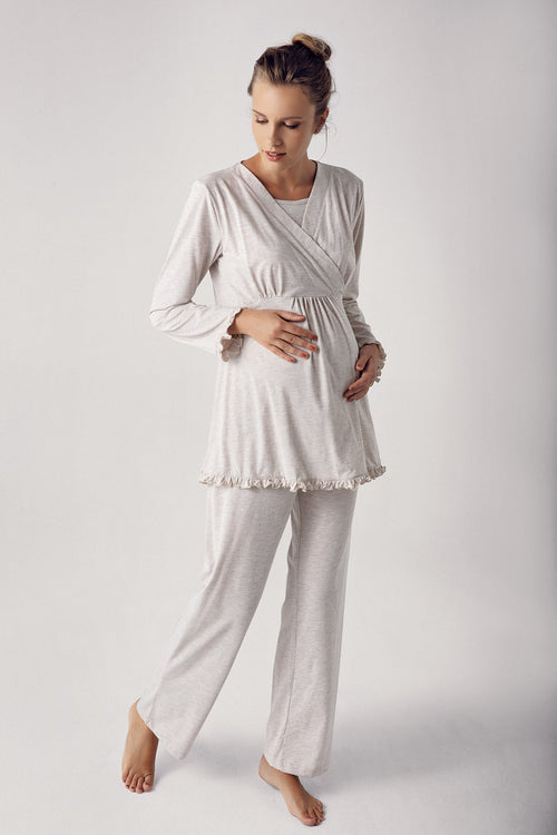 Double Breasted 4-Piece Maternity Feeding-Friendly Set Beige - S300112