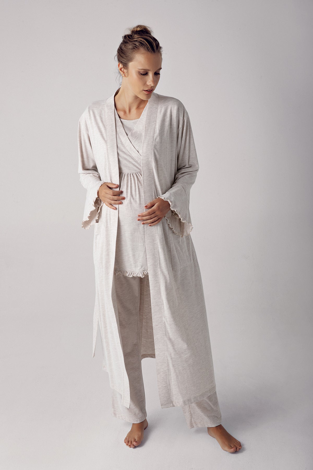 Double Breasted 3-Piece Maternity Feeding-Friendly Pajama & Robe Set Beige - S13300