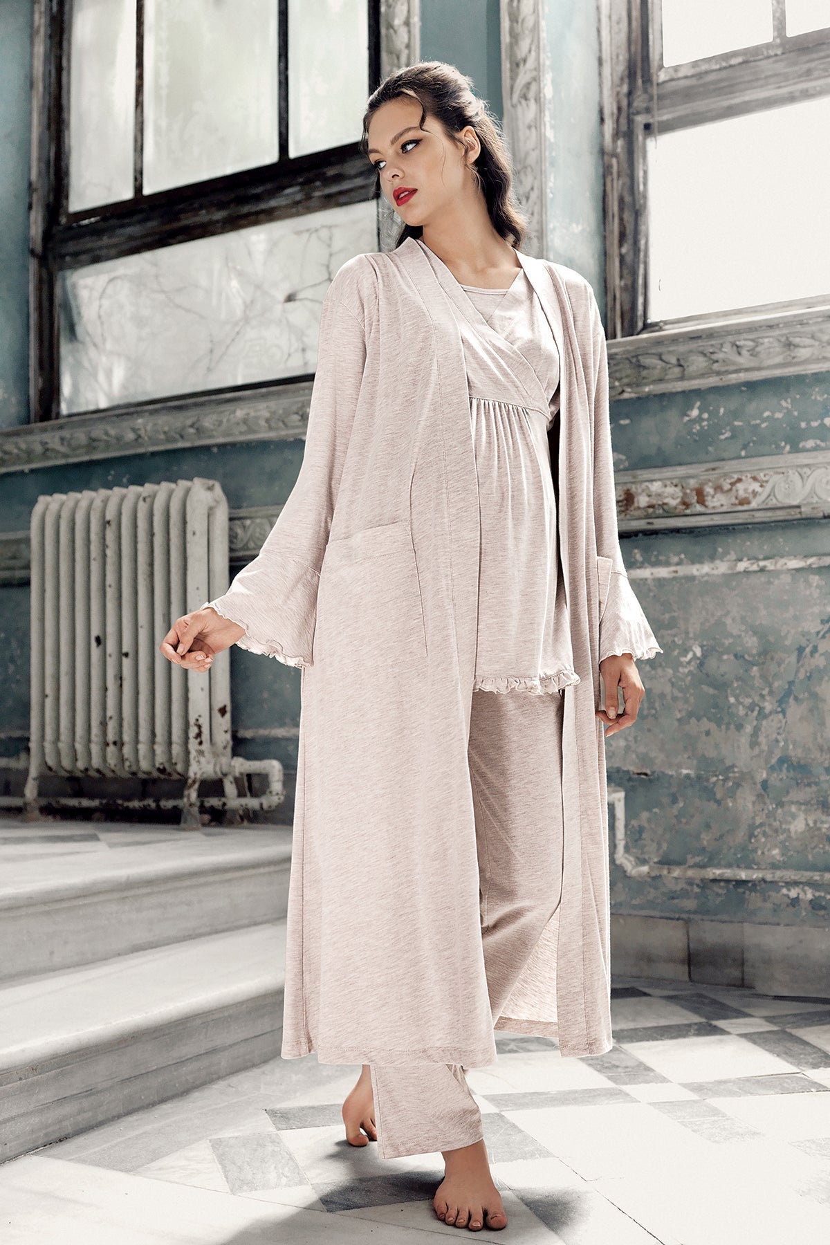 Double Breasted 3-Piece Maternity Feeding-Friendly Pajama & Robe Set Beige - S13300