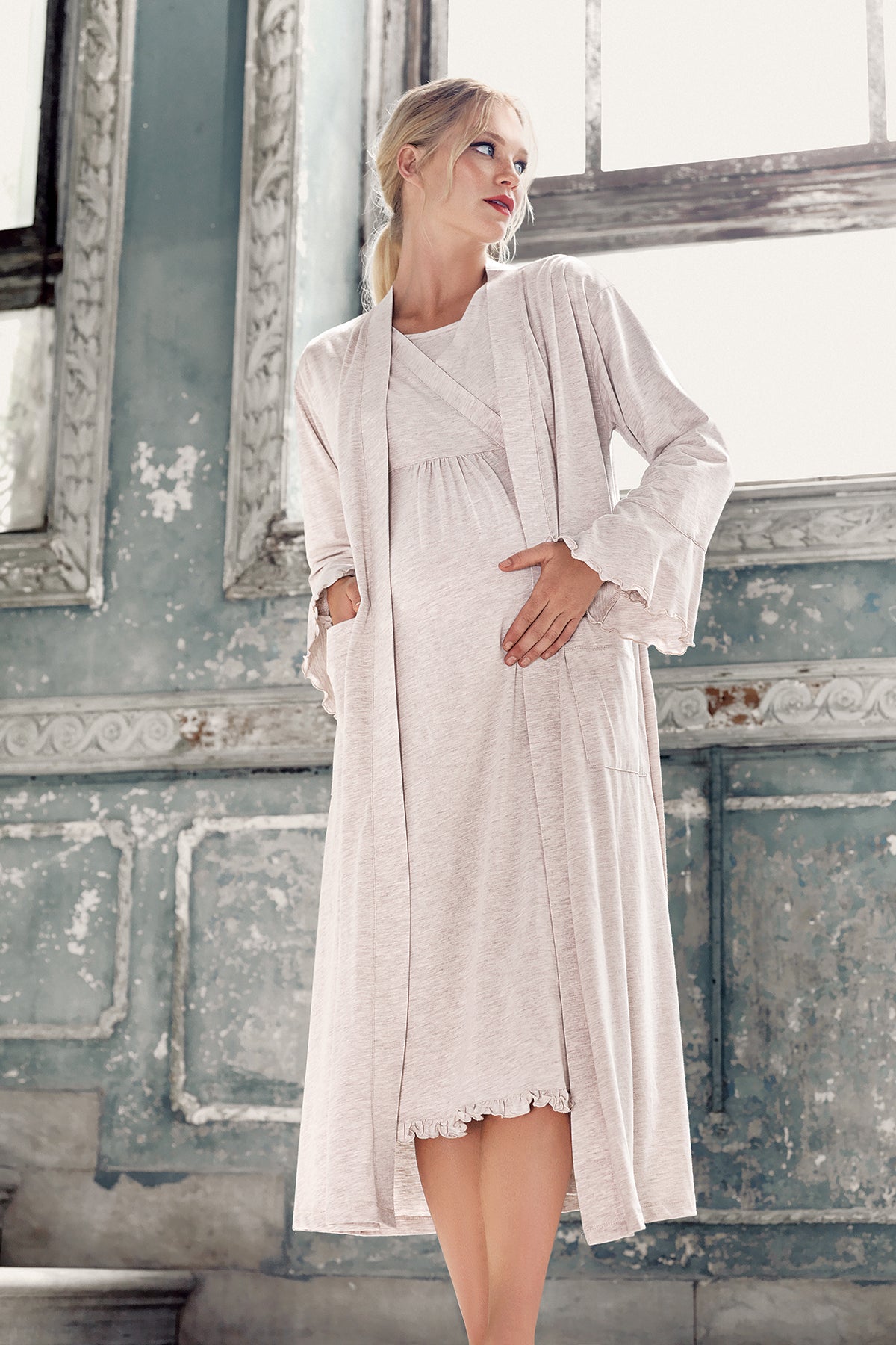 Double Breasted Maternity Feeding-Friendly Nightgown & Robe Set Beige - S13400