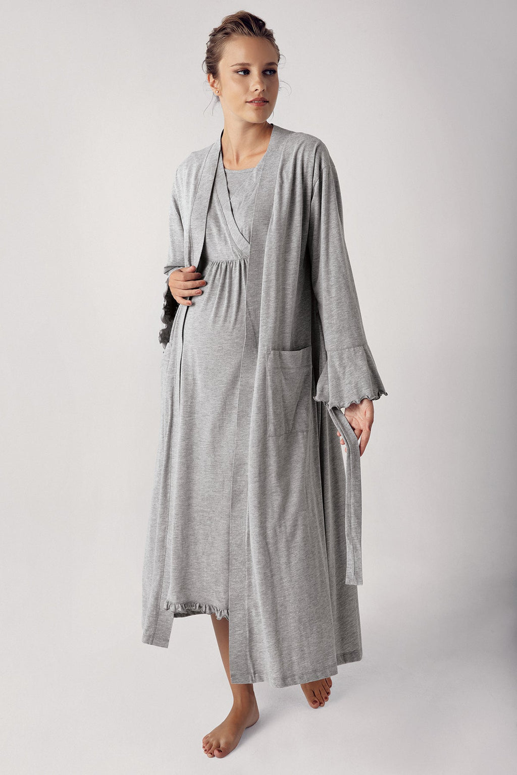 Double Breasted Maternity Feeding-Friendly Nightgown & Robe Set Grey - S13400