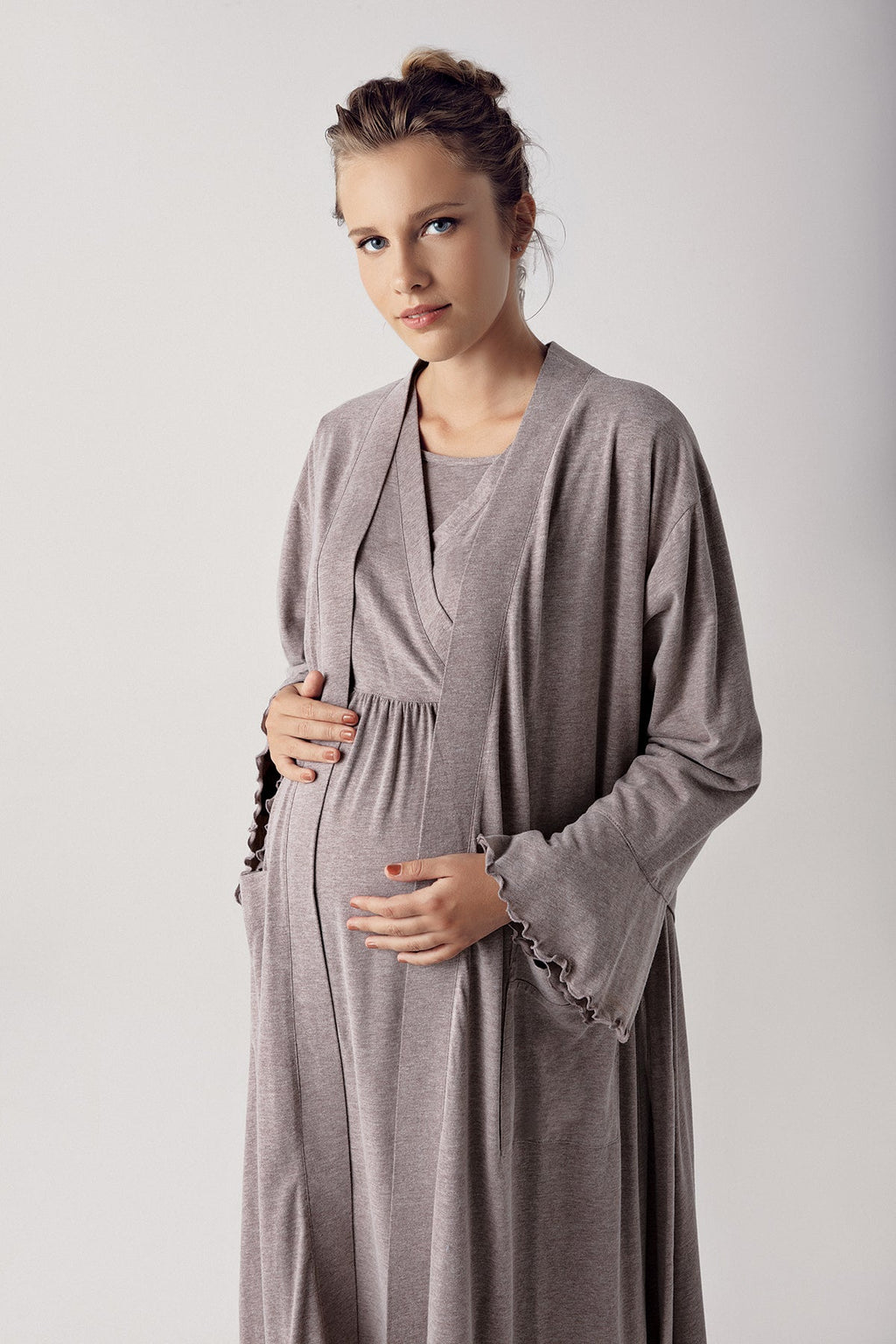 Double Breasted Maternity Feeding-Friendly Nightgown & Robe Set Coffee - S13400