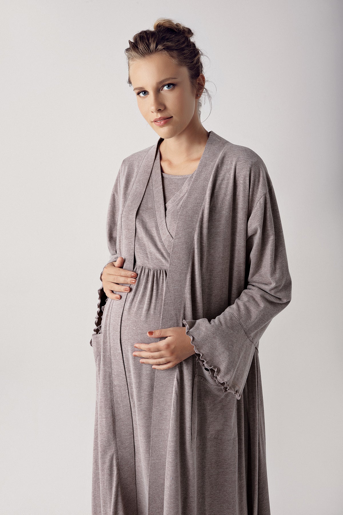 Double Breasted Maternity Feeding-Friendly Nightgown & Robe Set Coffee - S13400