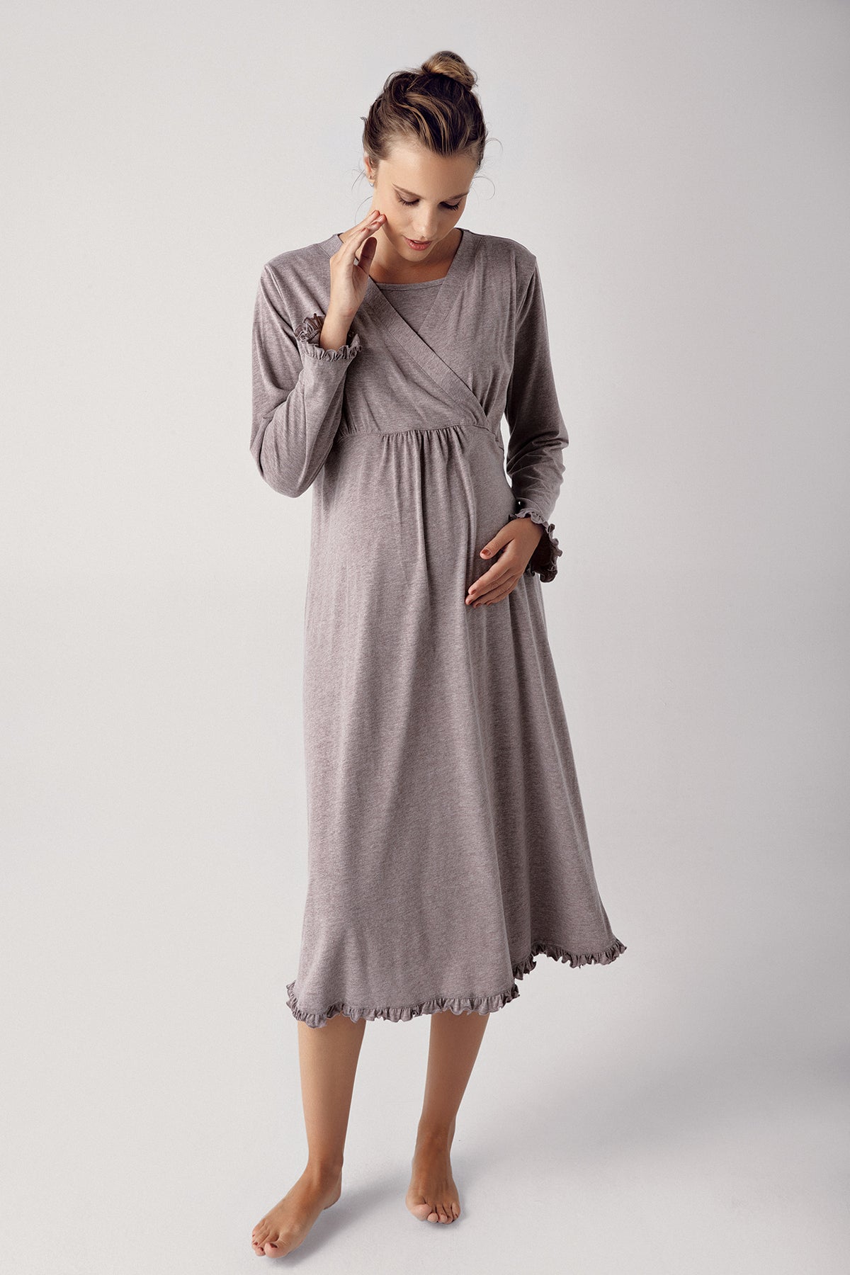 Double Breasted Maternity Feeding-Friendly Nightgown & Robe Set Coffee - S13400