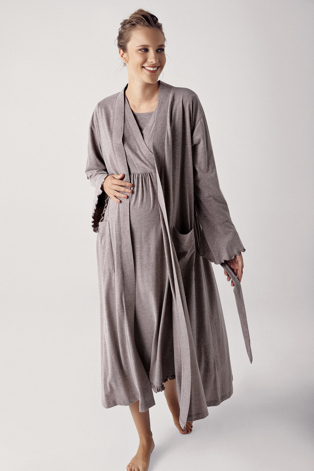 Double Breasted Maternity Feeding-Friendly Nightgown & Robe Set Coffee - S13400