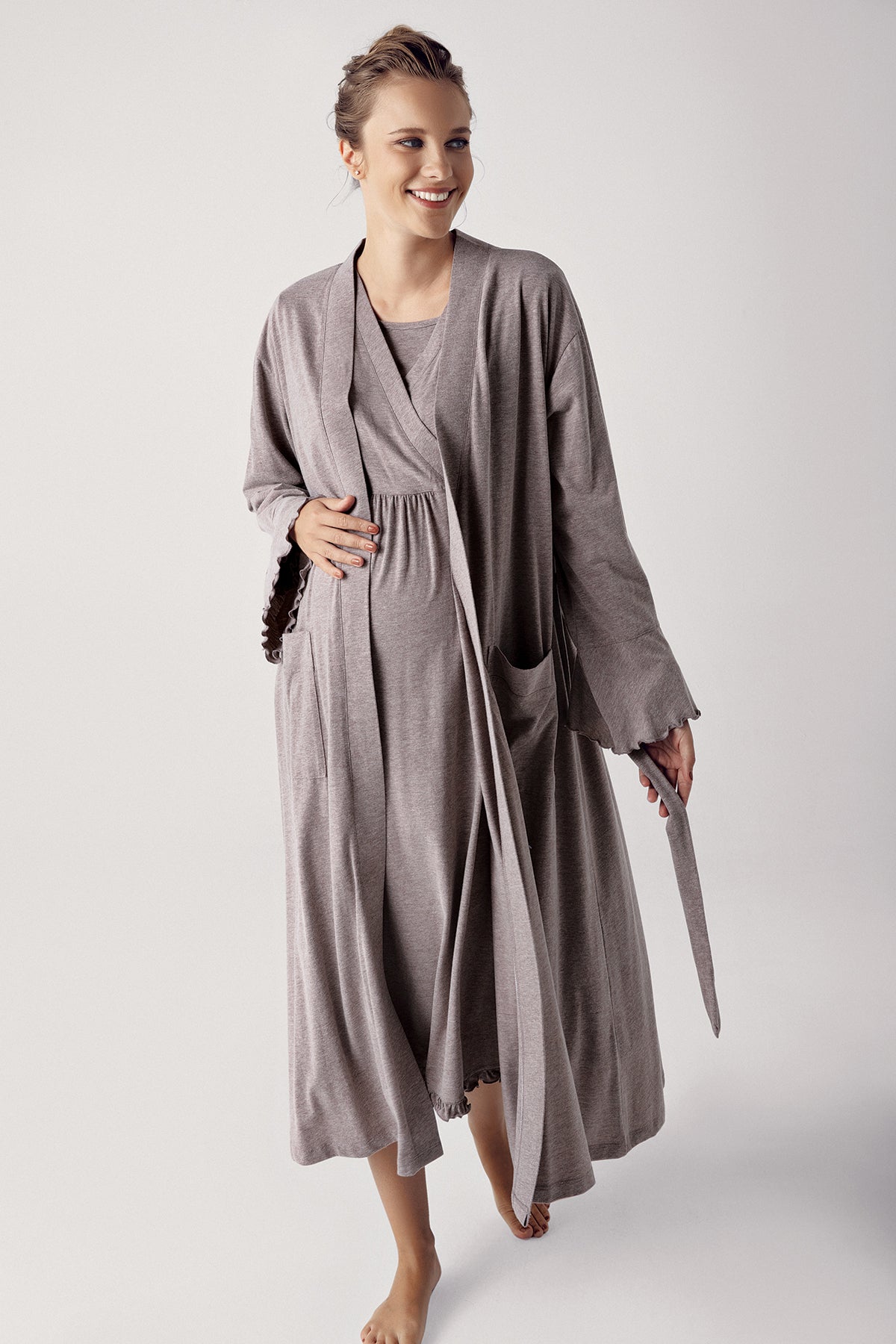 Double Breasted Maternity Feeding-Friendly Nightgown & Robe Set Coffee - S13400