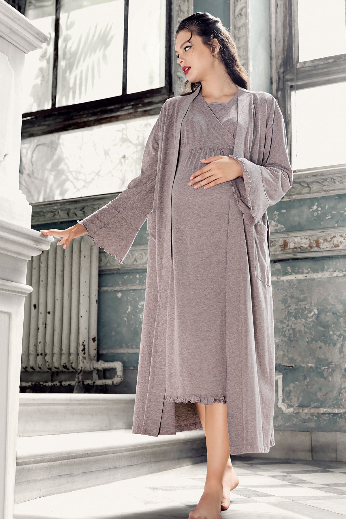 Double Breasted Maternity Feeding-Friendly Nightgown & Robe Set Coffee - S13400