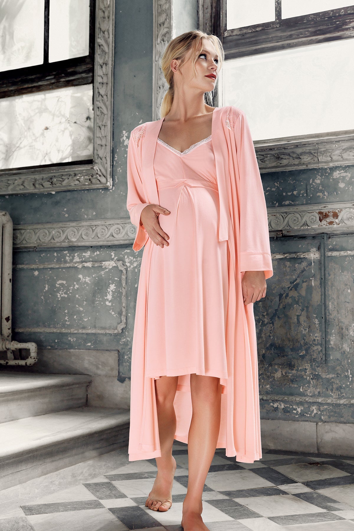 Strappy Maternity Feeding-Friendly Nightgown & Robe Set Powder - S13406