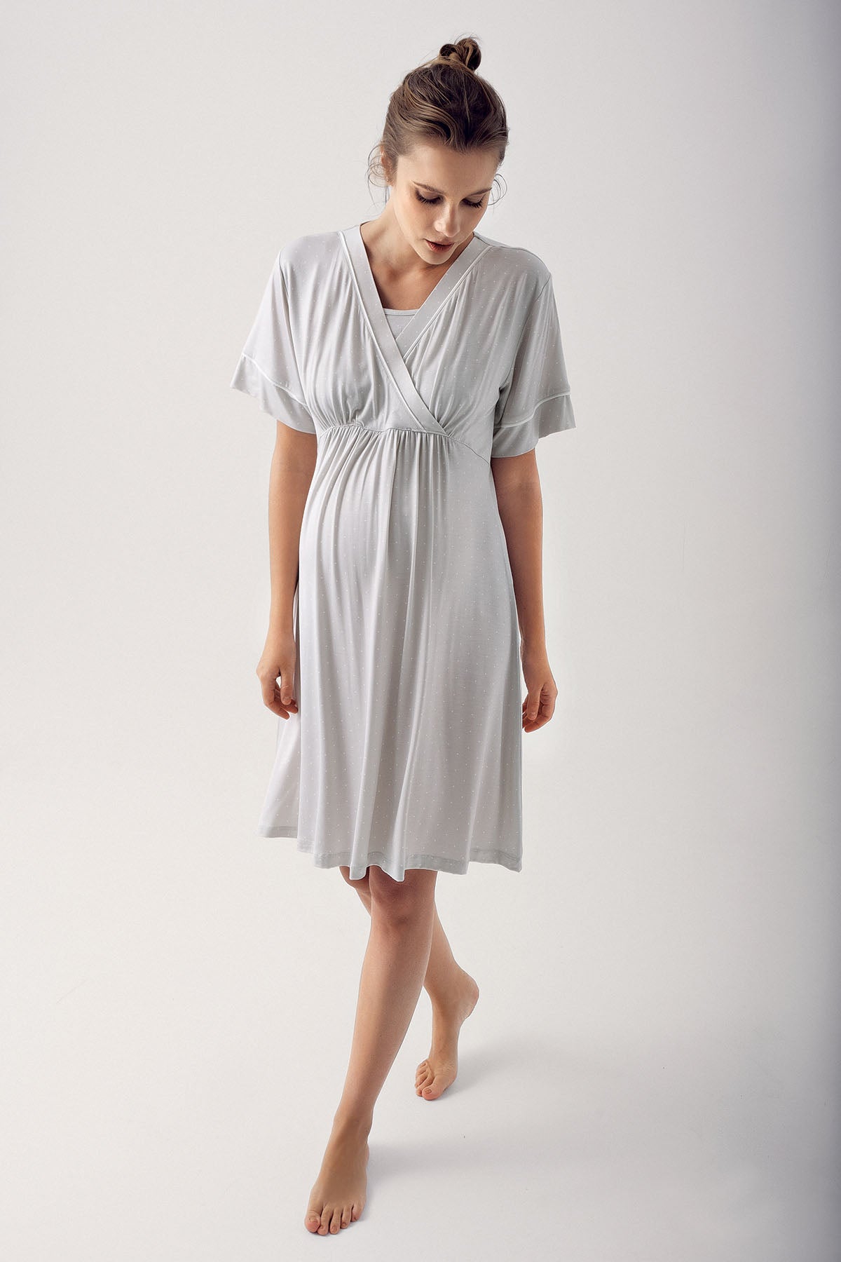 Polka Dot Double Breasted Maternity Feeding-Friendly Nightgown Grey - S14120