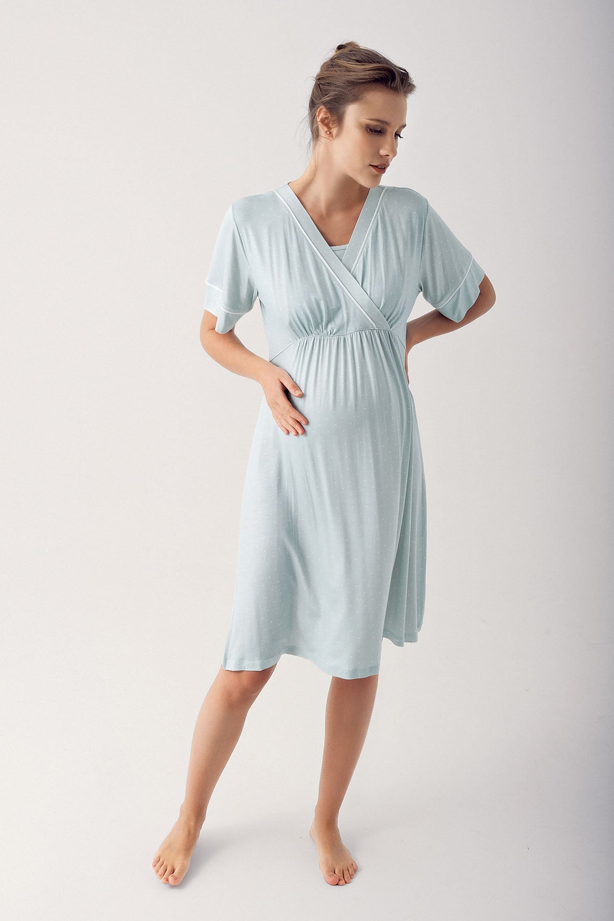 Polka Dot Double Breasted Maternity Feeding-Friendly Nightgown Green - S14120
