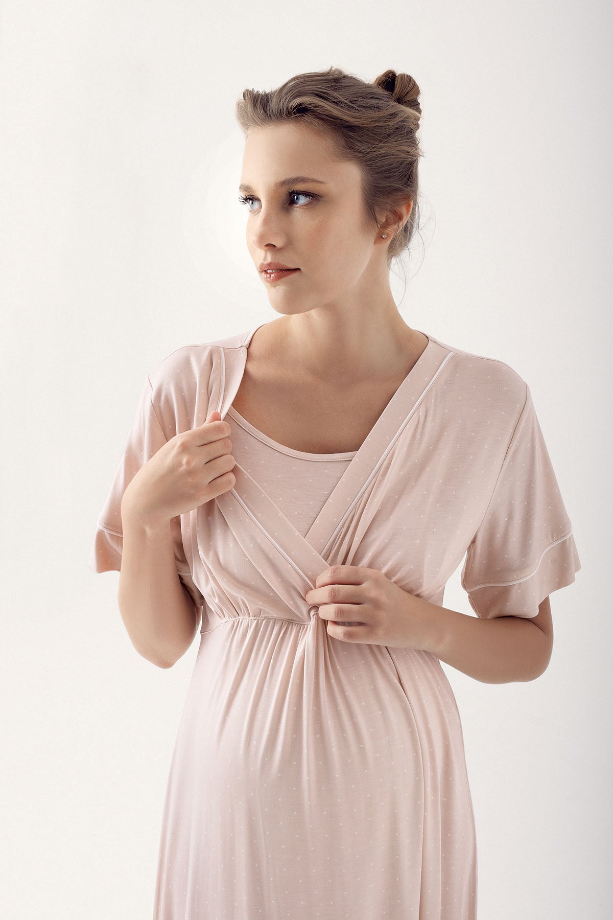 Polka Dot Double Breasted Maternity Feeding-Friendly Nightgown Beige - S14120